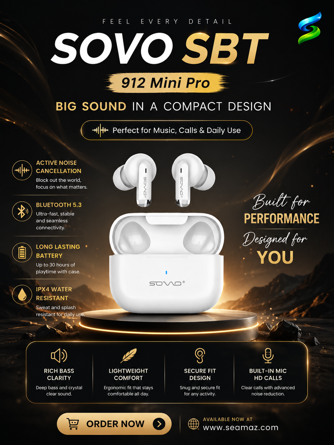SOVO SBT-912 Mini Pro Wireless Earbuds with Bluetooth V5.3 and Compact Charging Case